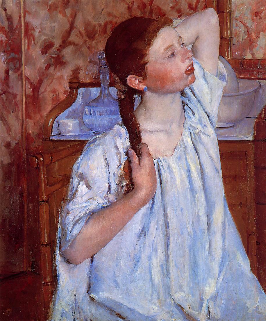 Girl Arranging Her Hair, vintage artwork by Mary Cassatt, 12x8" (A4) Poster