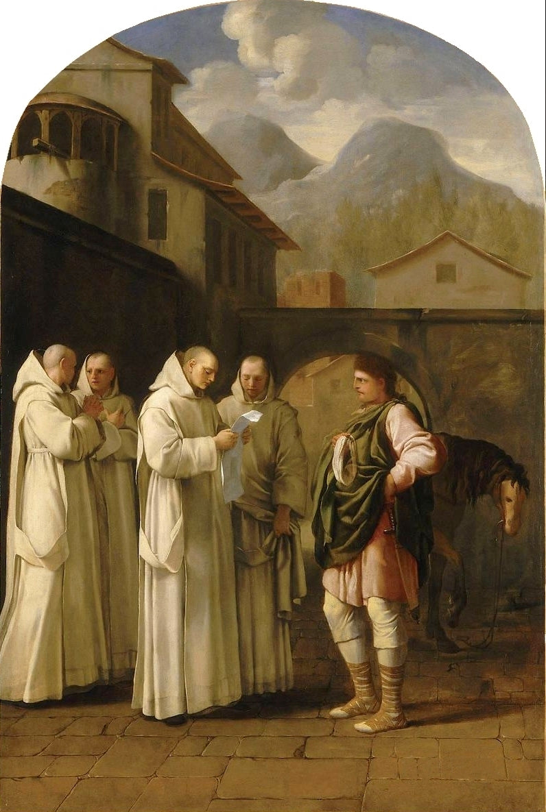 Life of Saint Bruno, Saint Bruno Receives a Messenger from the Pope, vintage artwork by Eustache Le Sueur, 12x8" (A4) Poster