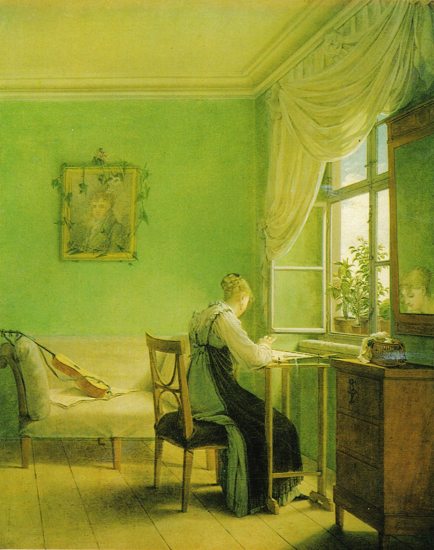 Woman Embroidering, vintage artwork by Georg Friedrich Kersting, 12x8" (A4) Poster