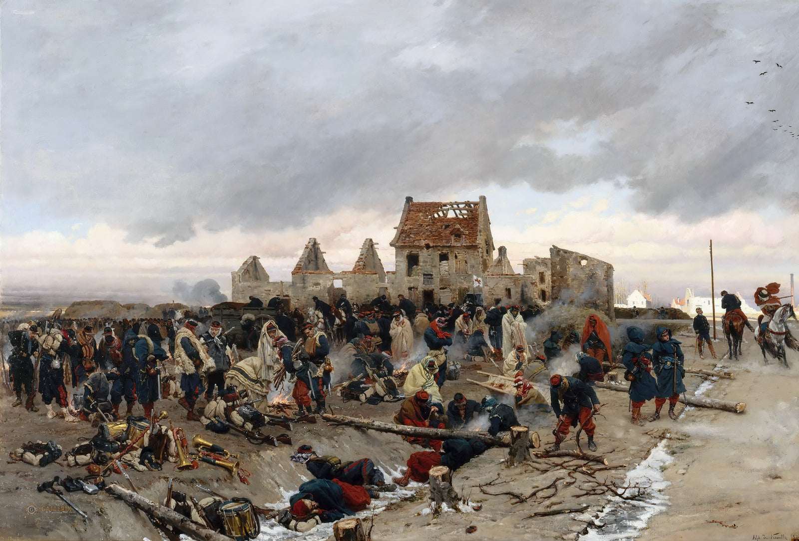 Bivouac after the Battle of Le Bourget, December 21, 1870, vintage artwork by Alphonse-Marie-Adolphe de Neuville, 12x8" (A4) Poster