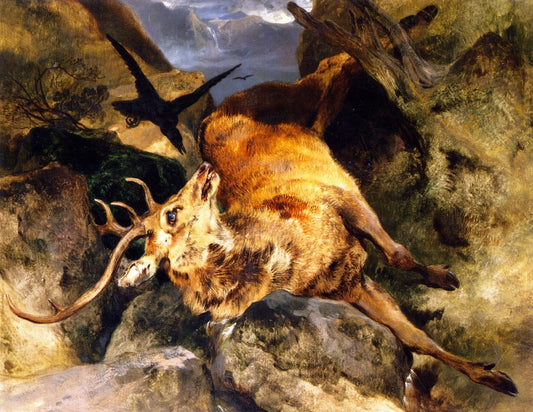 A Deer Fallen from a Precipice, vintage artwork by Sir Edwin Landseer, A3 (16x12") Poster Print
