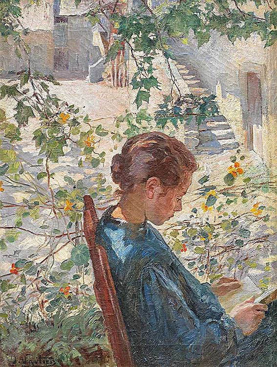 Young Woman reading in Garden by Otto Vautier,A3(16x12")Poster