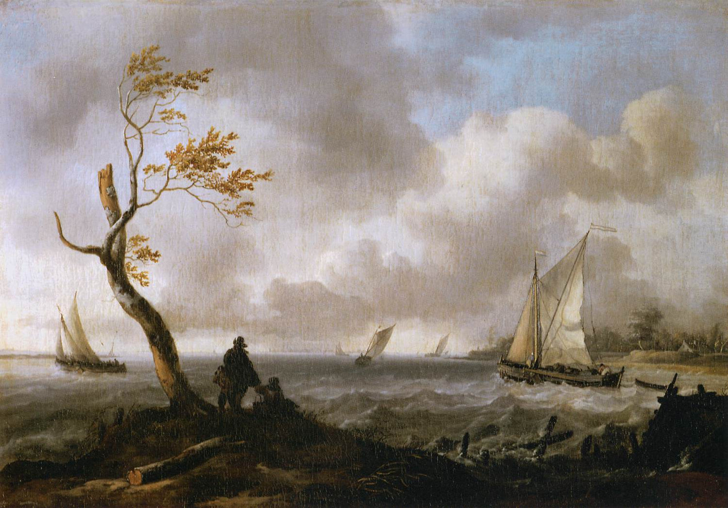 Fishing Boats and Coasting Vessel in Rough Weather, vintage artwork by Ludolf Backhuysen, 12x8" (A4) Poster
