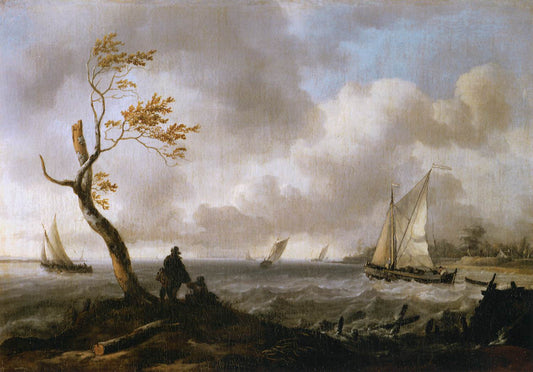 Fishing Boats and Coasting Vessel in Rough Weather, vintage artwork by Ludolf Backhuysen, 12x8" (A4) Poster