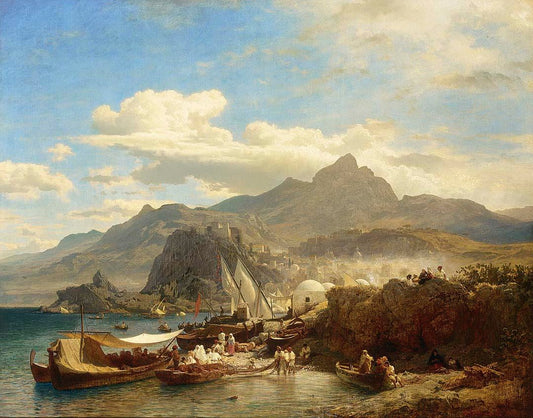 A Busy Town on the Levantine Coast, vintage artwork by Andreas Achenbach, A3 (16x12") Poster Print