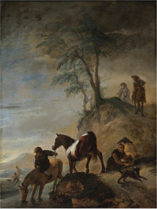 Riders watering their horses at a river, vintage artwork by Philips Wouwerman, 12x8" (A4) Poster