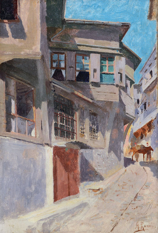 Street in Cairo, vintage artwork by Alberto Rossi, 12x8" (A4) Poster