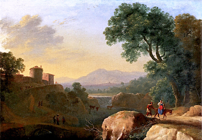 An Italianate River Landscape with Travelers on a Path, a Town Beyond, vintage artwork by Herman van Swanevelt, 12x8