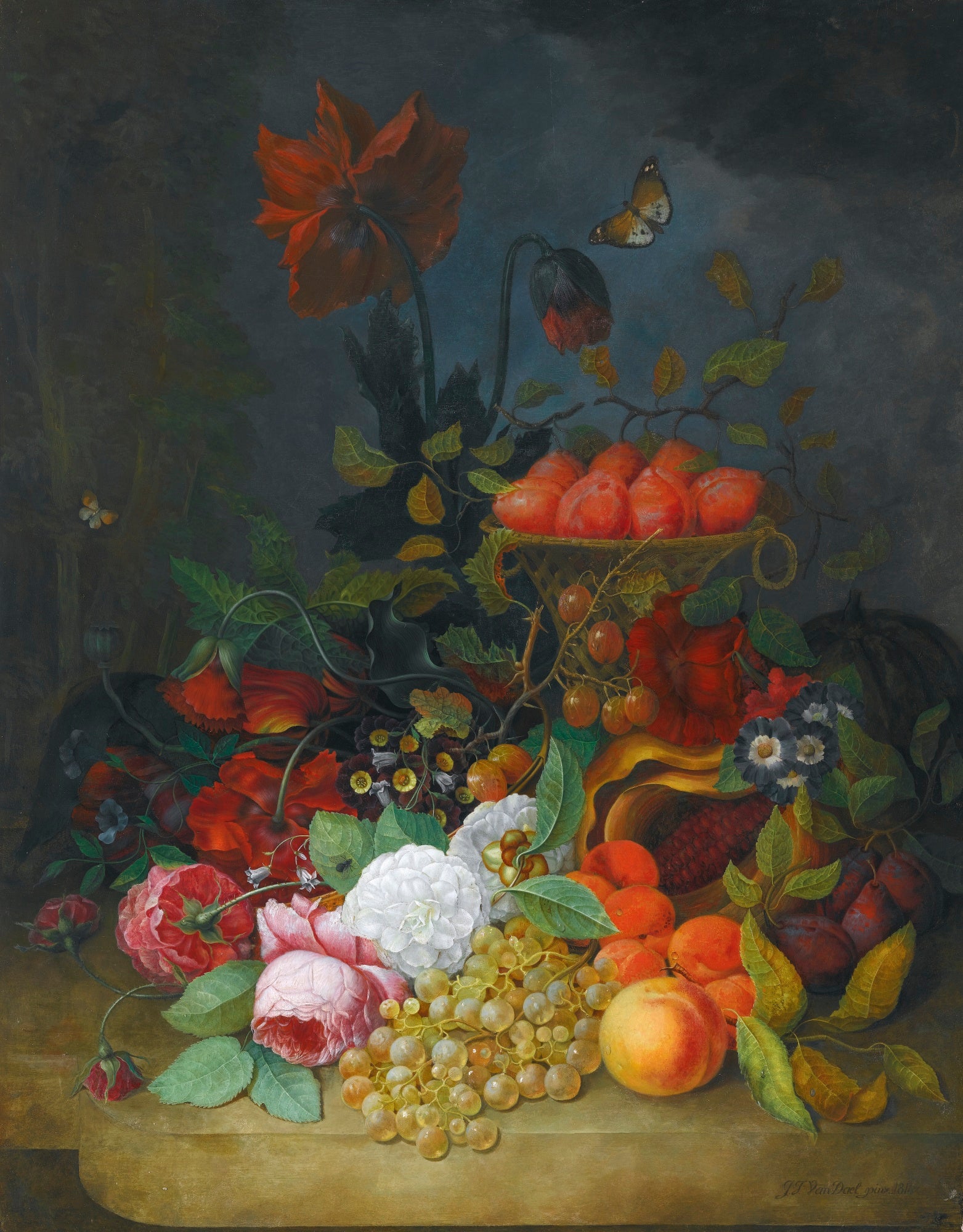 Still Life with Roses and Other Flowers, Plums, Grapes, Apricots and Gooseberries, vintage artwork by Jan Frans van Dael, 12x8" (A4) Poster