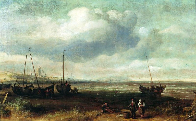 Sea Coast at Scheveningen, vintage artwork by Simon de Vlieger, 12x8" (A4) Poster