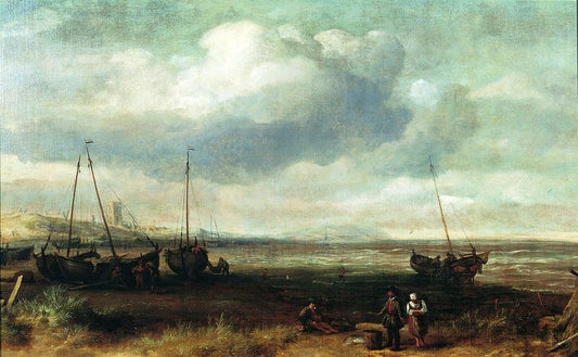 Sea Coast at Scheveningen, vintage artwork by Simon de Vlieger, 12x8" (A4) Poster