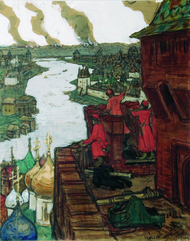 The Attack of Tatars on Moscow, Late XIV Century, vintage artwork by Apollinari Vasnetsov, 12x8" (A4) Poster