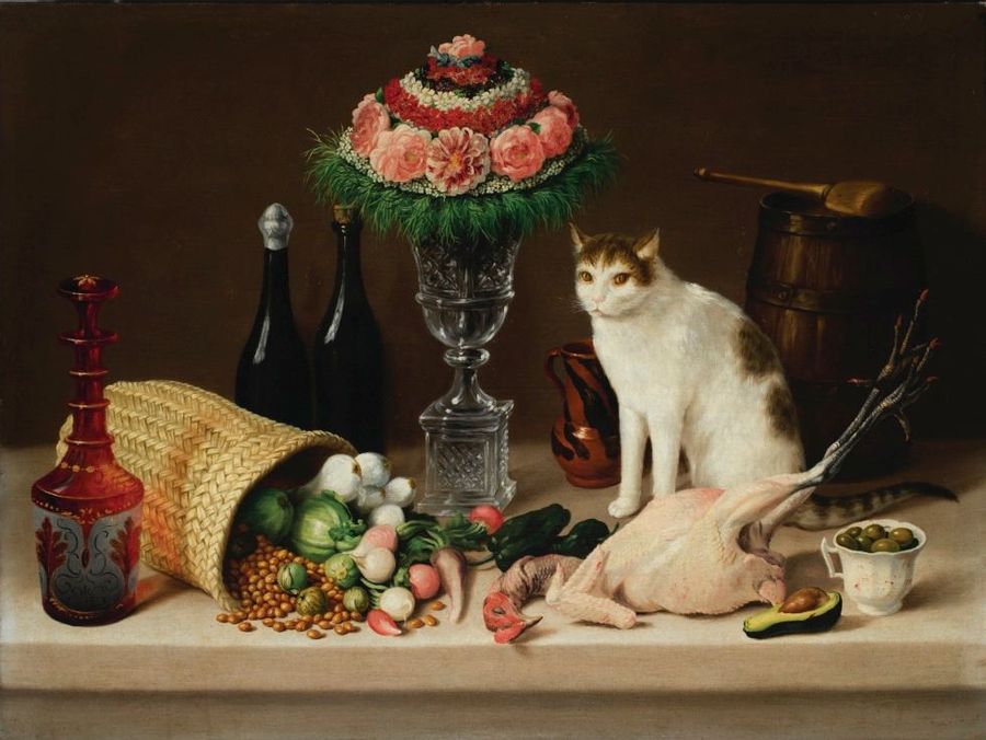 Still Life with a Cat, Flowers, Chicken and Olives, vintage artwork by Jose Agustín Arrieta, A3 (16x12") Poster Print