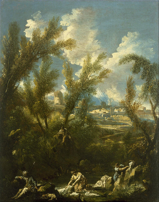 Landscape with Washerwoman, vintage artwork by Alessandro Magnasco, 12x8" (A4) Poster