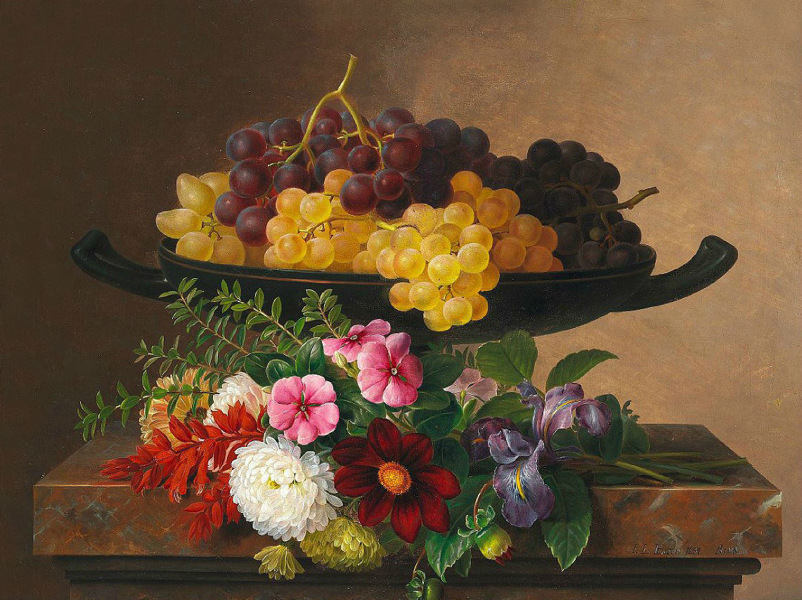 Flowers and grapes on a stone sill, vintage artwork by Johan Laurentz (J.L.) Jensen, A3 (16x12") Poster Print