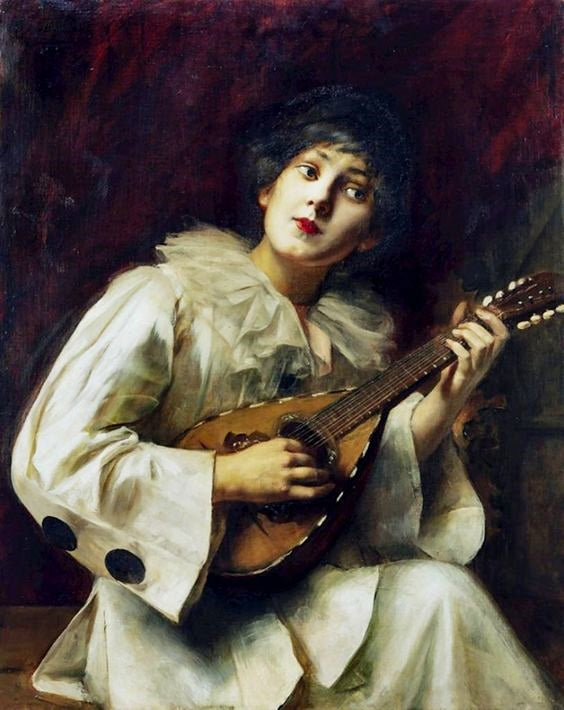 Pierette with mandolin, vintage artwork by Paul-Antoine de La Boulaye, 12x8" (A4) Poster