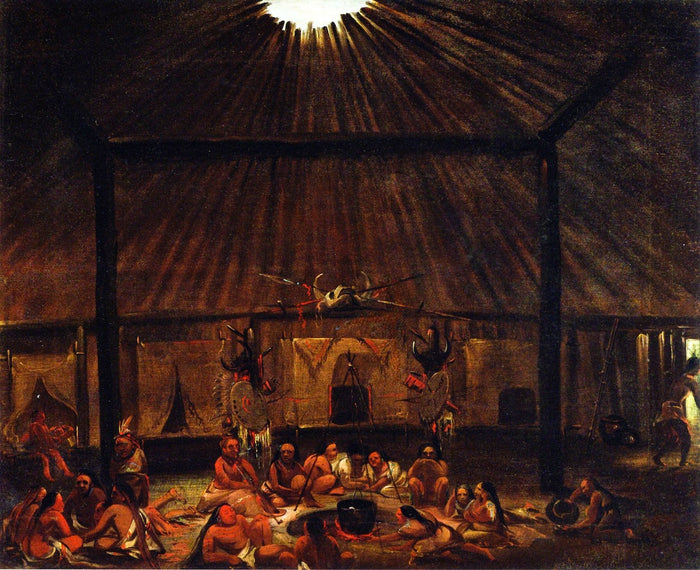 Interior of a Mandan Lodge, vintage artwork by George Catlin, A3 (16x12