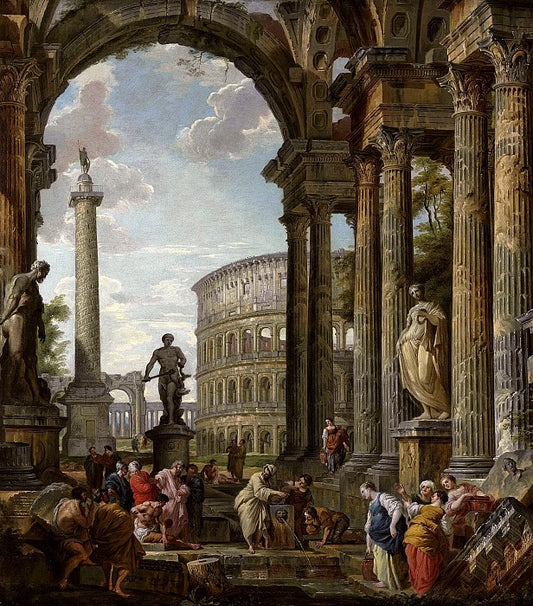 An architectural capriccio with the philosopher Diogenes and other figures by  a fountain, vintage artwork by Giovanni Paolo Panini, 12x8" (A4) Poster