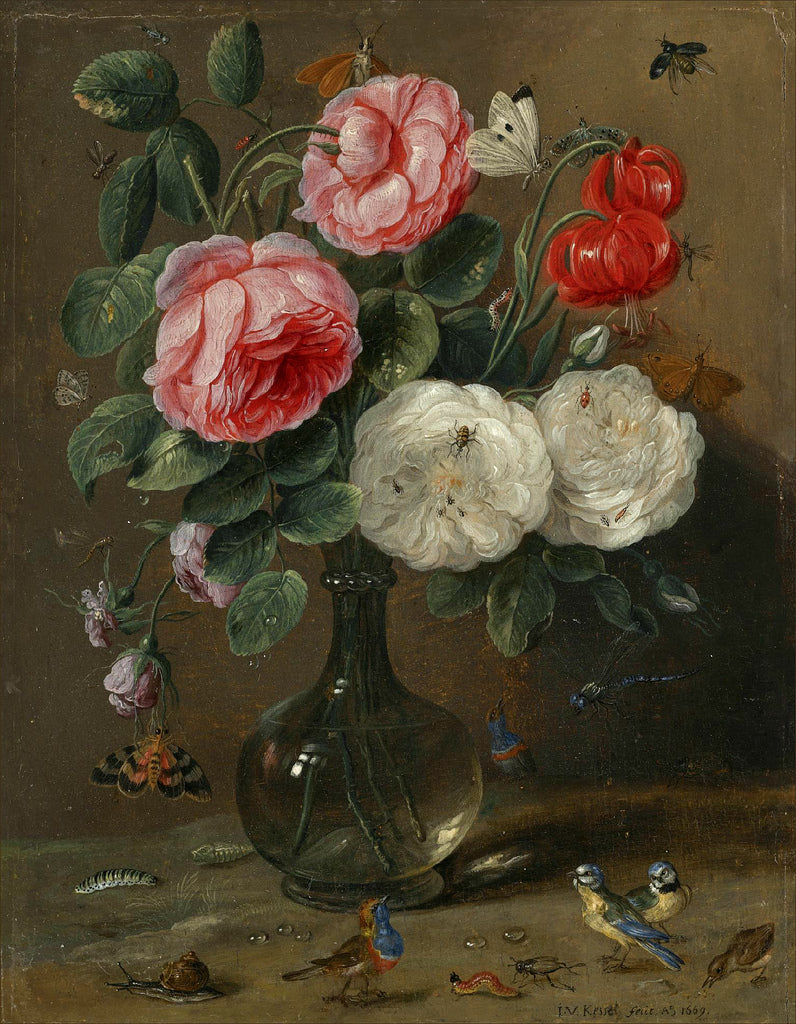 Still life of roses in a glass vase with numerous insects, including butterflies, a ladybug, a bee and a dragon fly, vintage artwork by Jan van Kessel the Elder, 12x8" (A4) Poster
