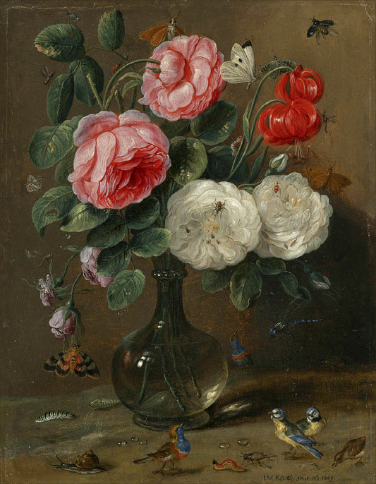 Still life of roses in a glass vase with numerous insects, including butterflies, a ladybug, a bee and a dragon fly, vintage artwork by Jan van Kessel the Elder, 12x8" (A4) Poster