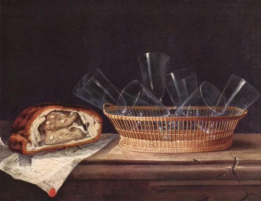 Still Life with a Basket of Glasses, vintage artwork by Sebastien Stoskopff, 12x8" (A4) Poster