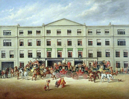 Changing Horses at the 'Plough Inn', Cheltenham, Gloucestershire, vintage artwork by John Charles Maggs, A3 (16x12") Poster Print