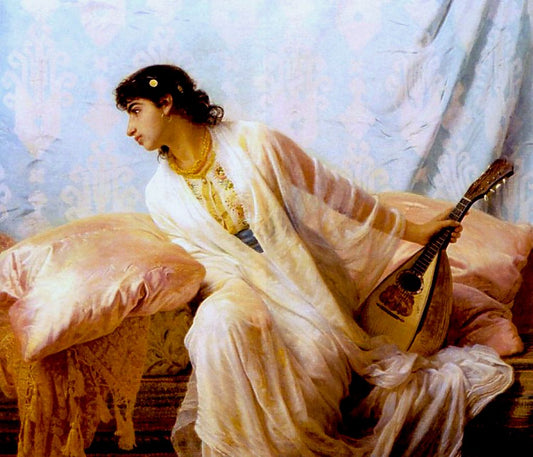 To Her Listening Ear Responsive Chords of Music Came Familiar, vintage artwork by Edwin Long, RA, 12x8" (A4) Poster