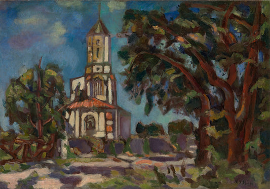 Church in Arcachon, France, vintage artwork by Vladimir Baranoff-Rossine, 12x8" (A4) Poster