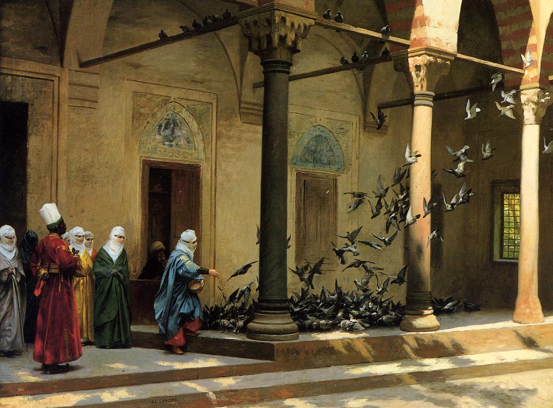 Harem Women Feeding Pigeons in a Courtyard, vintage artwork by Jean-Leon Gerôme, 12x8" (A4) Poster