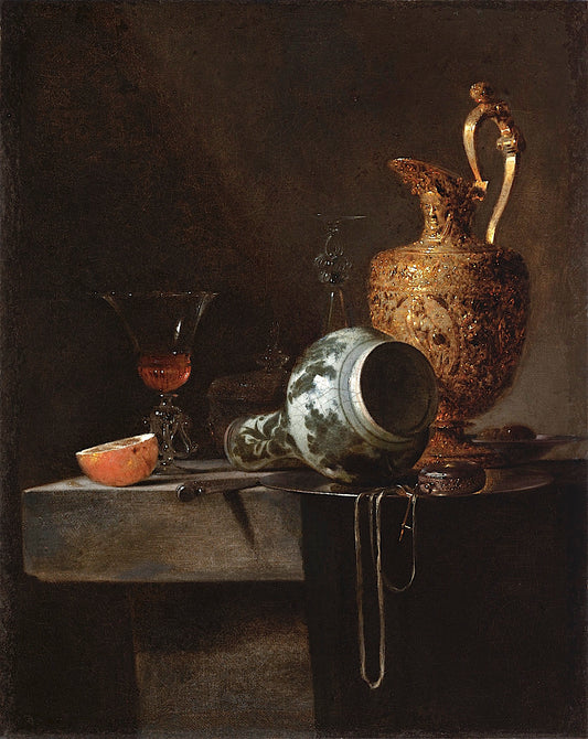 Still Life with a Porcelain Vase, Silver-gilt Ewer, and Glasses, vintage artwork by Willem Kalf, 12x8" (A4) Poster
