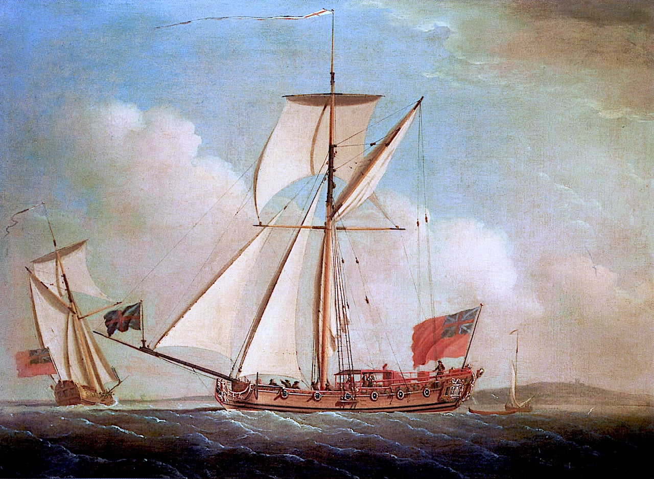 English Cutter-Rigged Yacht in Two Positions, vintage artwork by Peter Monamy, 12x8" (A4) Poster