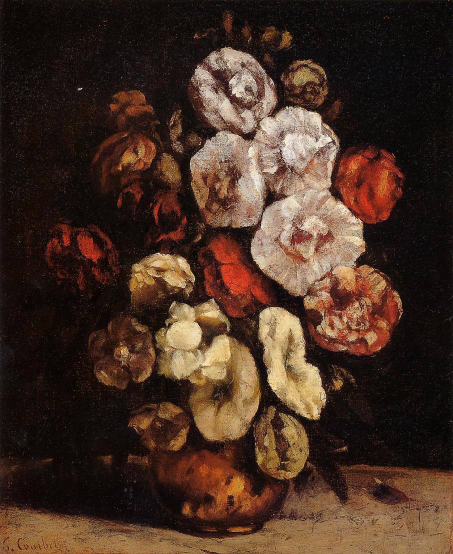 Hollyhocks in a Copper Bowl, vintage artwork by Gustave Courbet, A3 (16x12") Poster Print