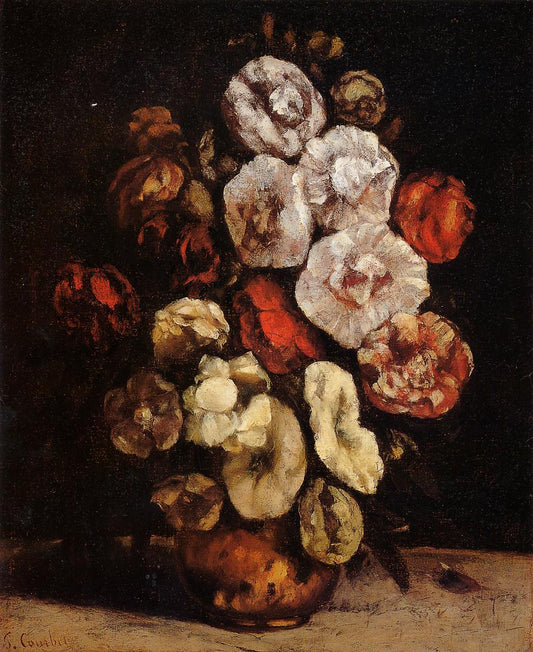 Hollyhocks in a Copper Bowl, vintage artwork by Gustave Courbet, A3 (16x12") Poster Print