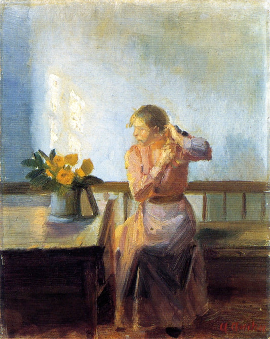 Seated Woman Weaving Her Hair, vintage artwork by Anna Ancher, 12x8" (A4) Poster