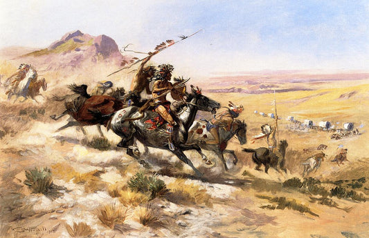 Attack on a Wagon Train, vintage artwork by Charles Marion Russell, 12x8" (A4) Poster