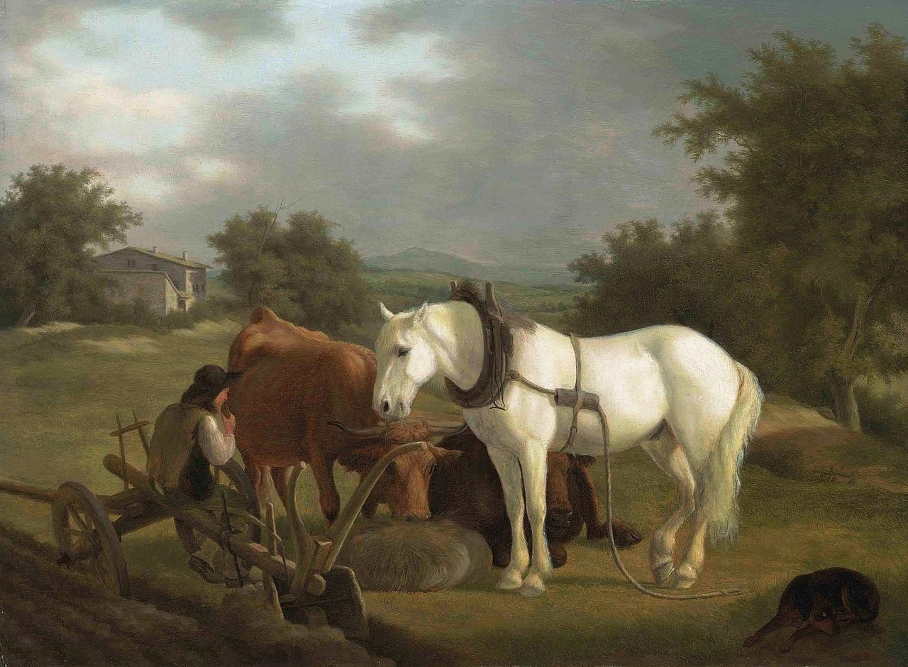 A rural landscape with a ploughman resting with his grey horse, cattle and dog, vintage artwork by Jacques-Laurent Agasse, 12x8" (A4) Poster