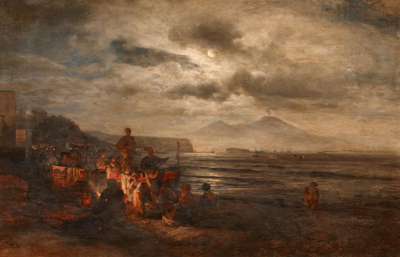 Fishermen on a nightly Fire on the Beach at the Bay of Naples, vintage artwork by Oswald Achenbach, 12x8" (A4) Poster