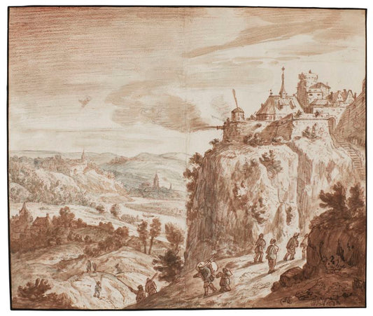 Landscape with a hilltop castle firing a cannon, vintage artwork by Cornelis Saftleven, 12x8" (A4) Poster