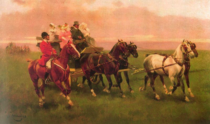 Back from Hunting, vintage artwork by Josep Cusachs, 12x8" (A4) Poster