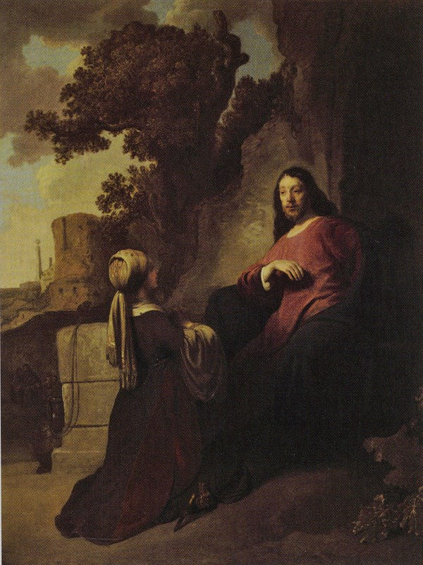 Jesus and the Samaritan Woman, vintage artwork by Govaert Flinck, 12x8" (A4) Poster