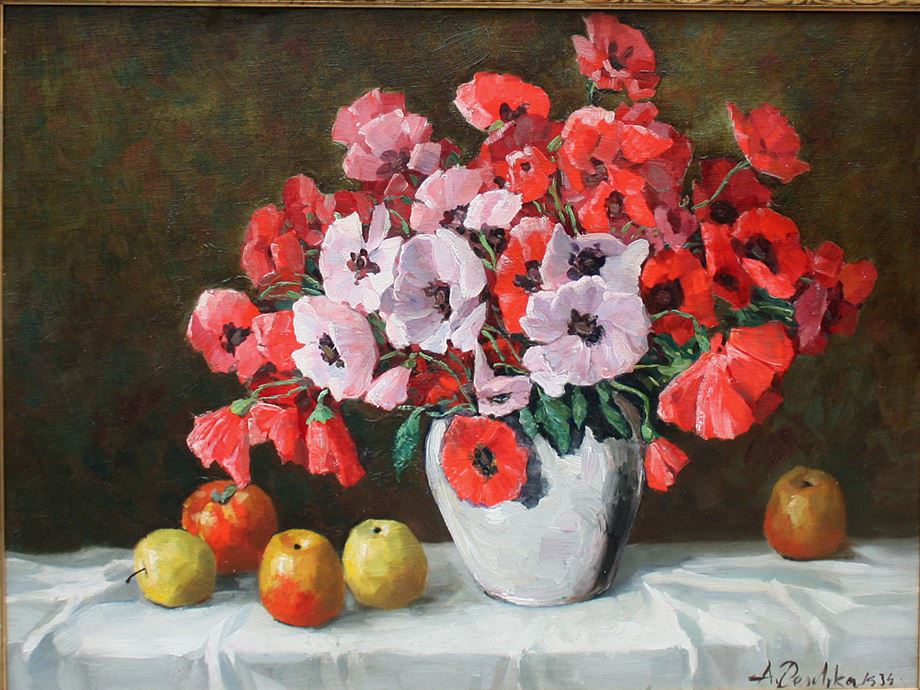 Still life with poppies and apples by Anton Peschka,16x12(A3) Poster