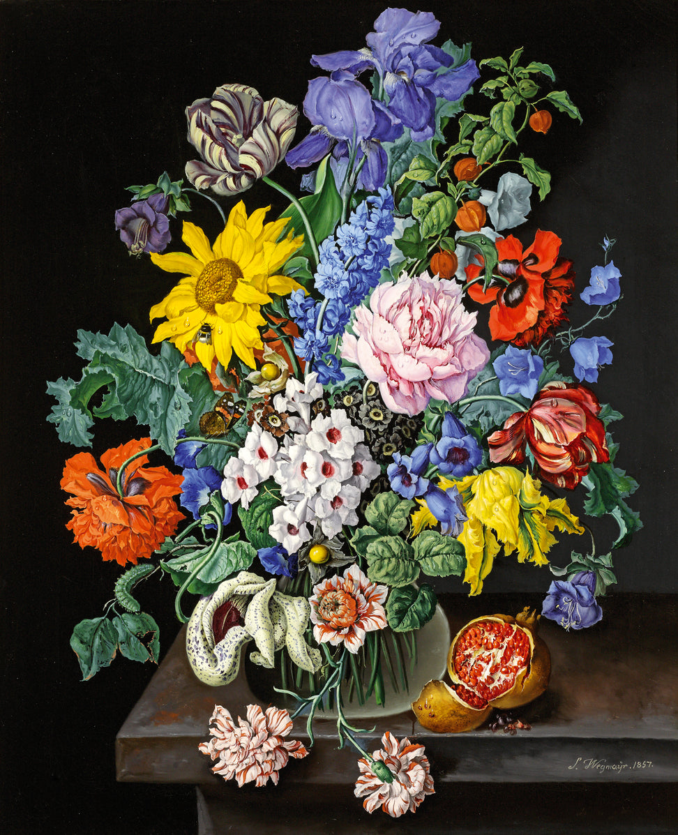 Floral Still Life with Pomegrenade, vintage artwork by Sebastian Wegmayr, 12x8" (A4) Poster