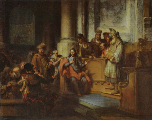 Christ Teaching in the Synagogue of Nazareth, vintage artwork by Gerbrand van den Eeckhout, 12x8" (A4) Poster