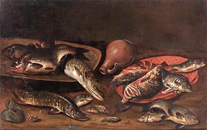 Various Fish on Platters, an Earthenware Jug, and a Small Frog in the Left Foreground, vintage artwork by Isaac van Duynen, 12x8" (A4) Poster