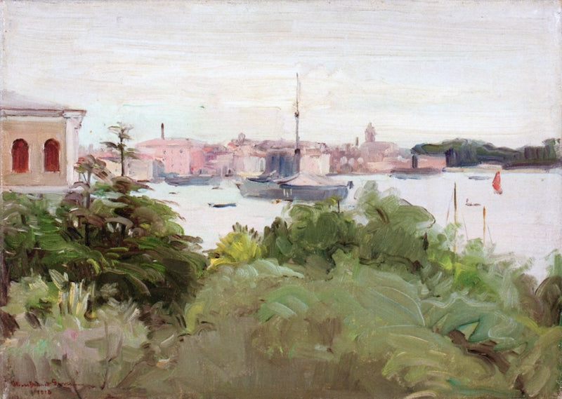Italian Landscape with Moored Boats by Oliver Dennett Grover,A3(16x12")Poster
