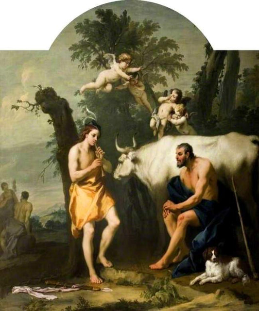 Story of Argus 02, Argus Guarding Io Who Has Been Transformed into a White Heifer, vintage artwork by Jacopo Amigoni, 12x8" (A4) Poster