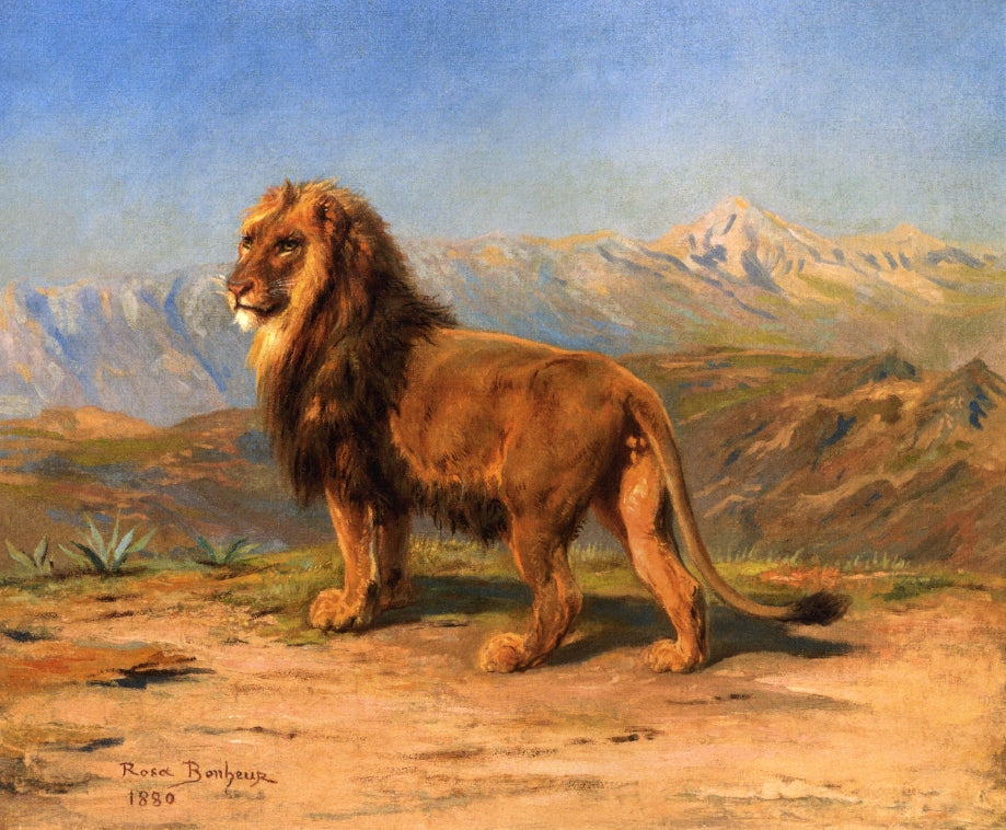 Lion in a Mountainous Landscape, vintage artwork by Rosa Bonheur, 12x8" (A4) Poster
