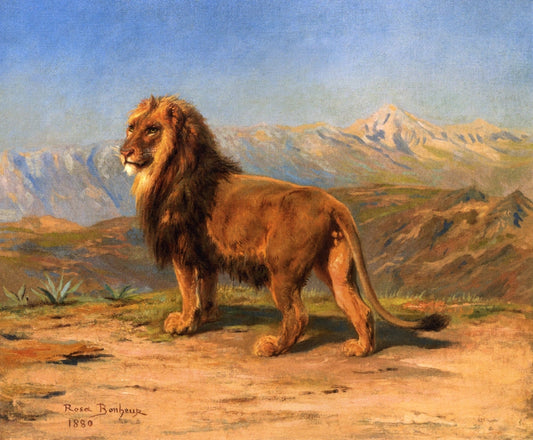 Lion in a Mountainous Landscape, vintage artwork by Rosa Bonheur, 12x8" (A4) Poster