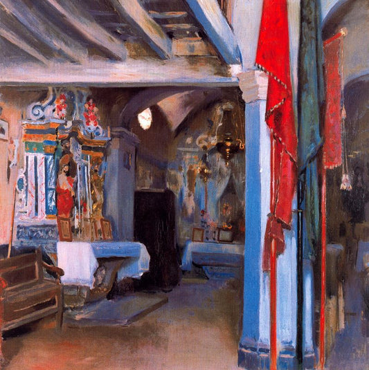 Interior de iglesia de pueblo, vintage artwork by Joaquin Mir  Trinxet, 12x8" (A4) Poster