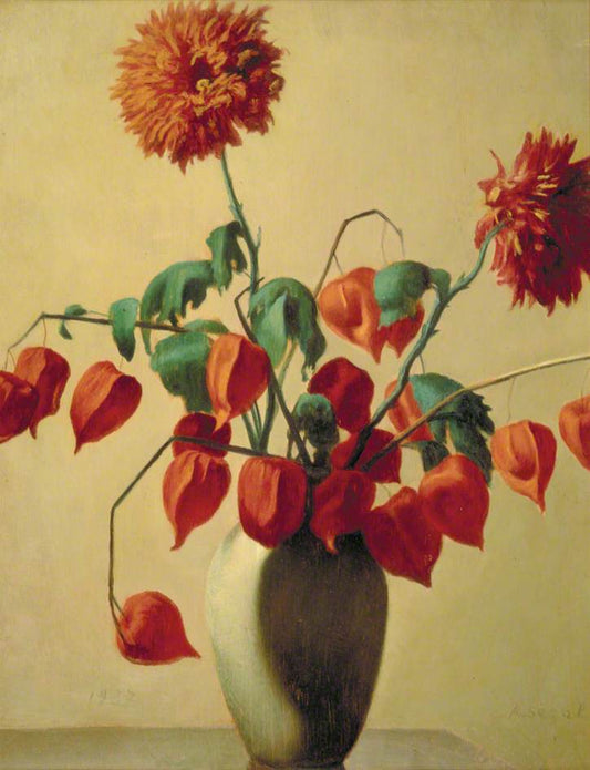 Still Life of Red Flowers in a Green Vase, vintage artwork by Arthur Segal, 12x8" (A4) Poster